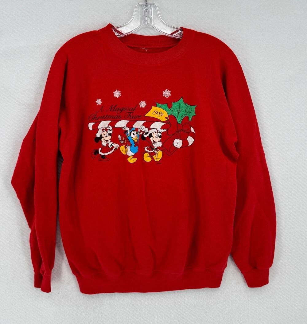 Disney Vintage 1989 Christmas Mickey Minnie Donald Duck Red Crew Sweatshirt
